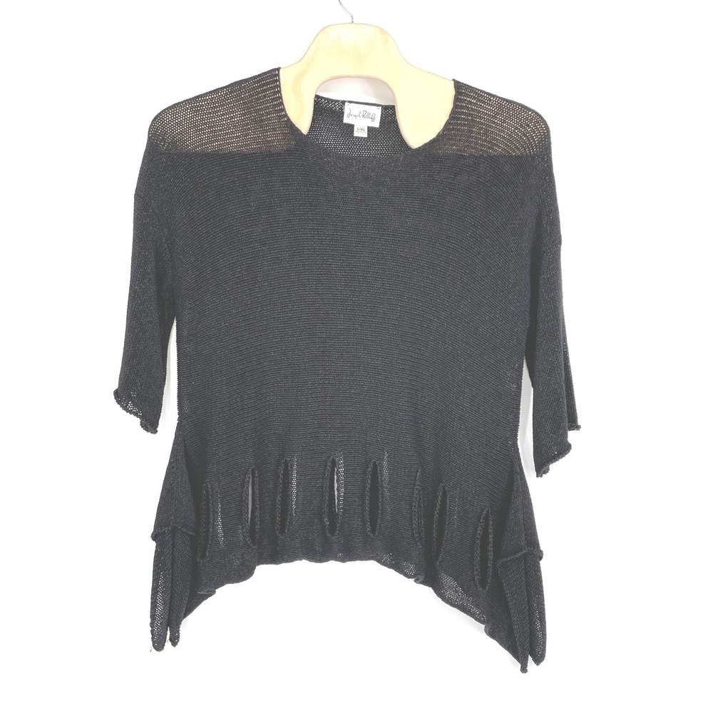 Joseph Ribkoff Women Top L/XL Sweater Black Cutout Mesh Shoulder Draped Sides